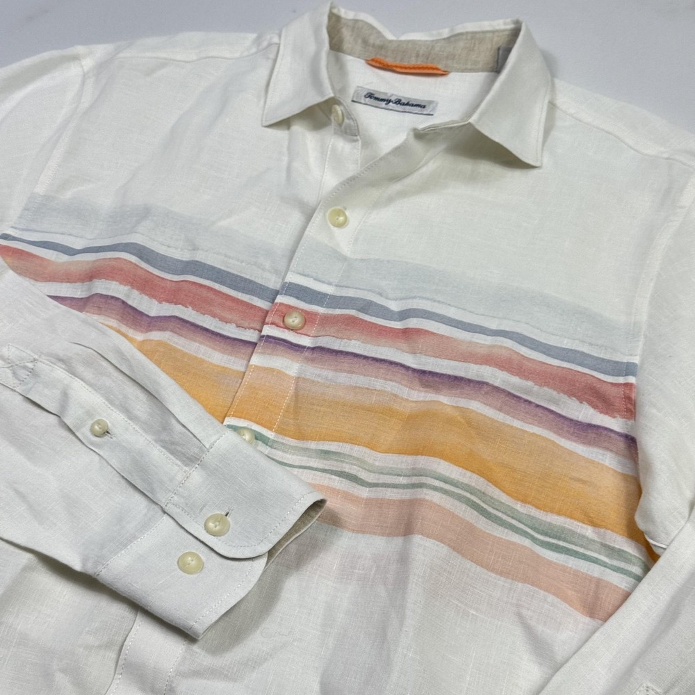 Tommy Bahama Shirt Mens Medium White Linen Striped Long Sleeve Button‎ Front